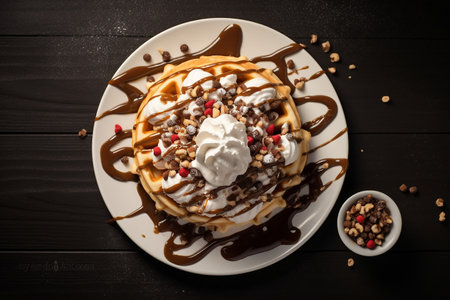 Belgian waffles with whipped cream and chocolate syrup on wooden backgroundの素材