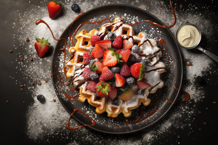 Belgian waffles with fresh berries and chocolate sauce on dark backgroundの素材
