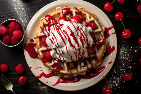 Belgian waffles with cherries and whipped cream on a wooden backgroundの素材
