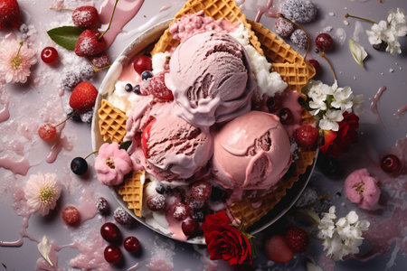 Tasty ice cream with berries and flowers on color background, closeupの素材
