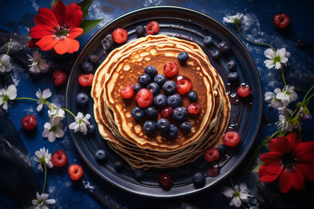 Pancakes with fresh berries on a blue background. Selective focus.の素材