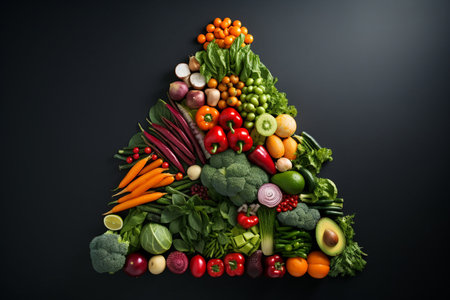 Pyramid made of fresh vegetables on black background. Healthy food concept.の素材