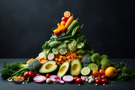 Composition with variety of fresh organic vegetables on black table, space for textの素材