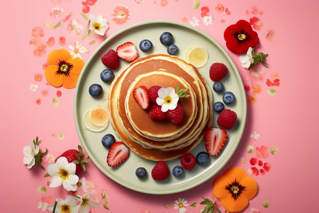 Plate with tasty pancakes and berries on color background, top viewの素材
