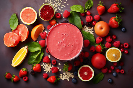 Healthy smoothie with fruits and berries on dark background. Top viewの素材