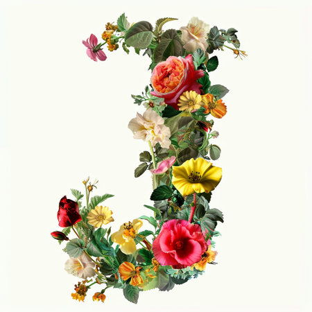 Letter J of the English alphabet made of flowers isolated on white backgroundの素材