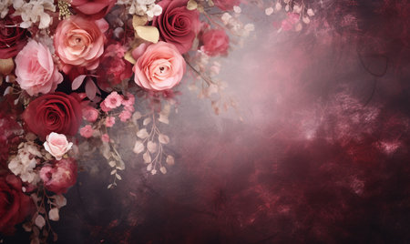 Bouquet of pink and red roses on dark grunge backgroundの素材