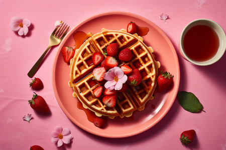 Plate with tasty waffles, strawberries and flowers on color backgroundの素材