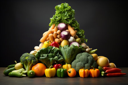 Composition with variety of raw organic vegetables on table against black backgroundの素材