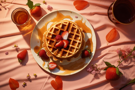 Waffles with strawberries and honey on a plate on a pink backgroundの素材