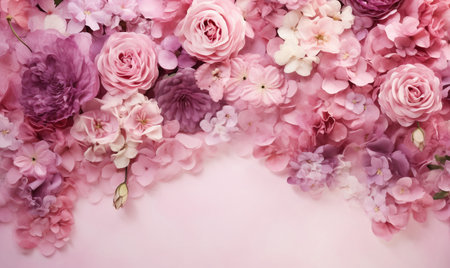 Beautiful pink flowers on pink background, flat lay. Space for textの素材
