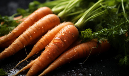 Bunch of fresh carrots with water drops on black background, closeupの素材