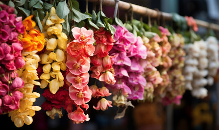 Colorful artificial flowers for sale at a street market in Bangkok, Thailandの素材