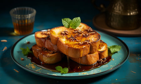 French toast with honey and caramel sauce on blue background, selective focusの素材