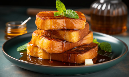French toast with honey and mint on plate on table, closeupの素材