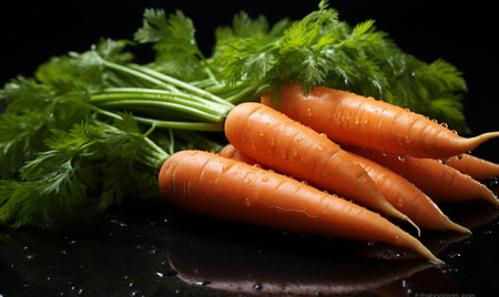 Fresh carrots with green leaves on a black background, close-upの素材