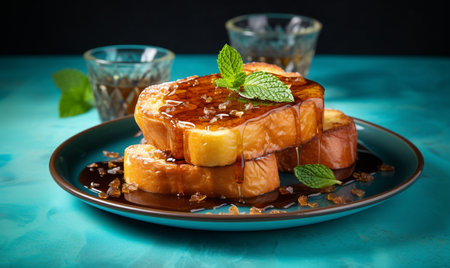 French toast with honey and caramel on blue background. Selective focus.の素材