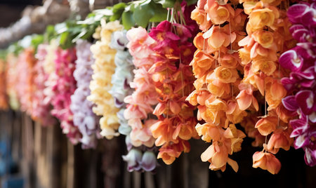 Colorful artificial flowers hanging on the wall at the market in Thailand.の素材