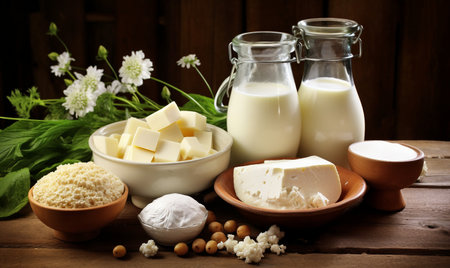 Fresh dairy products on wooden background. Milk, sour cream, cottage cheese, feta cheeseの素材