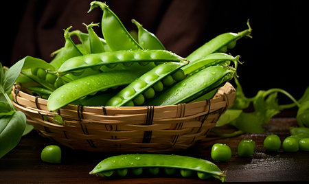 Fresh green peas in a wicker basket on a dark wooden backgroundの素材