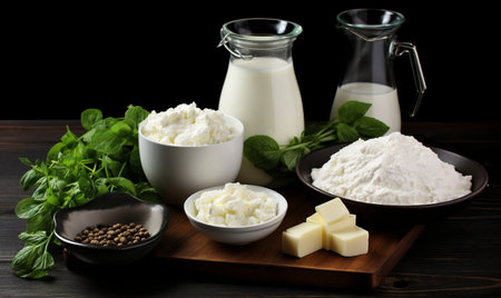 Fresh dairy products on wooden table, closeup. Healthy dairy productsの素材