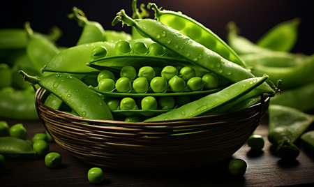 Fresh green peas in a basket on wooden table. Selective focus.の素材
