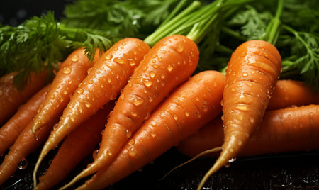 Bunch of fresh carrots with water drops on black table, closeupの素材