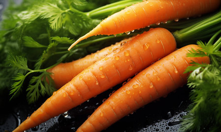 Fresh carrots with water drops on black background, closeup. Healthy foodの素材