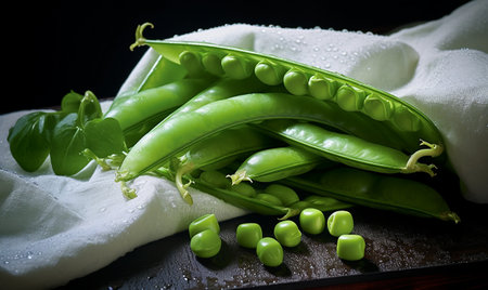Fresh green peas on a black background. Selective focus. Toned.の素材
