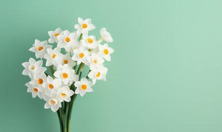 Bouquet of white narcissus flowers on green background. Flat lay, top viewの素材