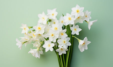 Bouquet of white narcissus flowers on pastel green backgroundの素材