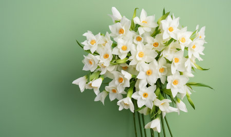 Bouquet of white daffodils on a green backgroundの素材
