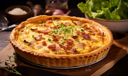 French Quiche Lorraine with ham, cheese and herbs on wooden boardの素材