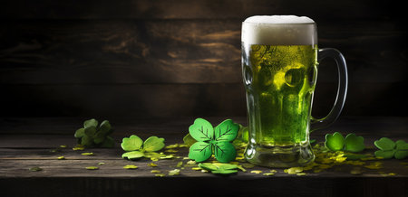 Glass of beer with clover leaves and gold coins on wooden backgroundの素材