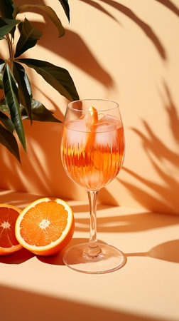 Glass of cocktail with ice and grapefruit on color background with shadowsの素材