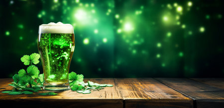 Glass of beer with clover leaves on wooden table on green bokeh backgroundの素材