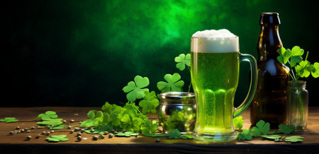 Green beer with clover leaves on wooden table. St. Patrick's Day backgroundの素材