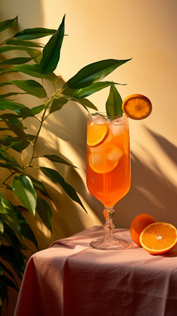 Orange juice in a glass on the table with green leaves and fruitsの素材