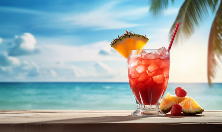 Summer cocktail on the tropical beach with palm tree and blue sky backgroundの素材