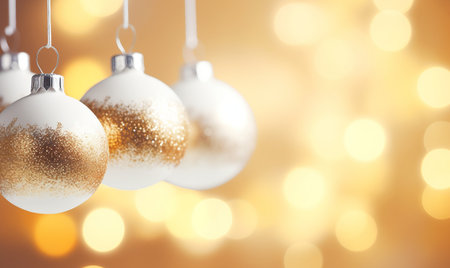 Christmas baubles on gold bokeh background. 3D renderingの素材