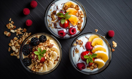 Yogurt with granola and berries in a glass on a black backgroundの素材