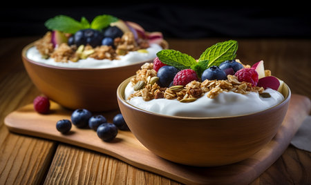 Greek yogurt with granola and fresh berries in bowls on wooden tableの素材