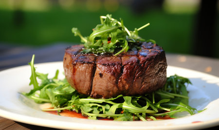 Grilled beef steak with arugula salad on a restaurant tableの素材