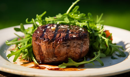 Grilled beef steak with arugula salad on a white plateの素材