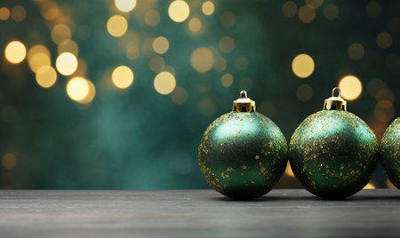 Green christmas baubles on wooden table against bokeh backgroundの素材