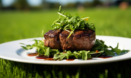 Grilled steak with arugula and balsamic vinegar on a white plateの素材