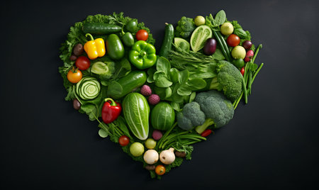 Heart shape made of fresh vegetables on black background. Healthy food concept.の素材