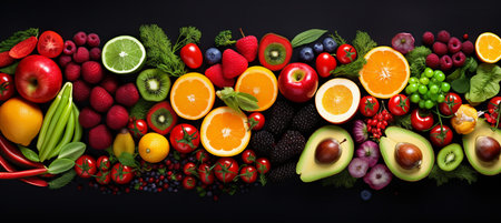 Fruits and vegetables background. Healthy food concept. Top view.の素材