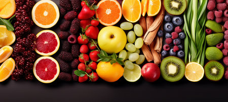 Fruits and berries background. Top view with space for your textの素材
