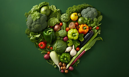 Heart shape made of fresh vegetables on green background. Healthy food concept.の素材